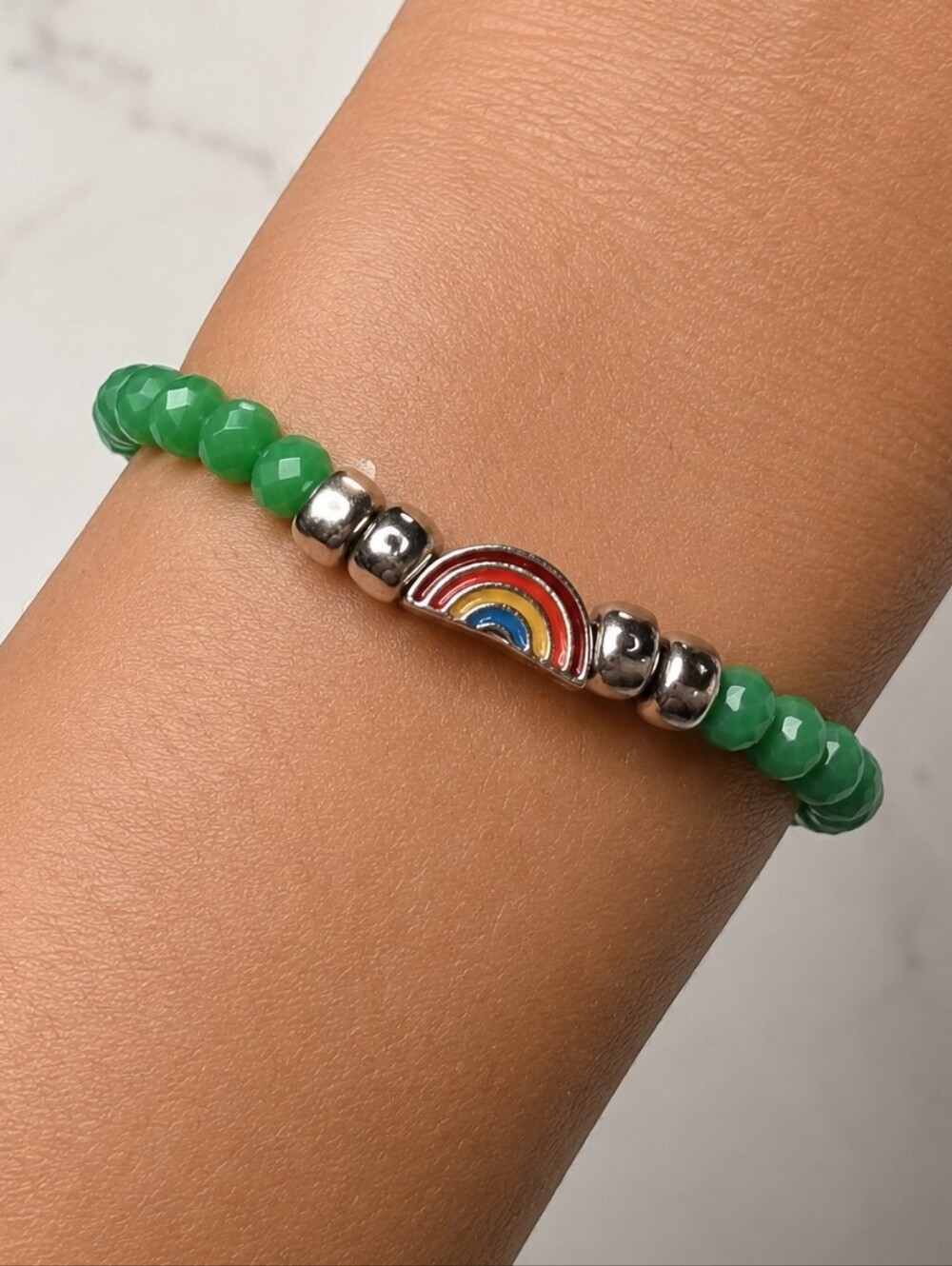 Small Mini Colorful Rainbow Charm Stretch Bracelet Green Opaque Crystal Beads